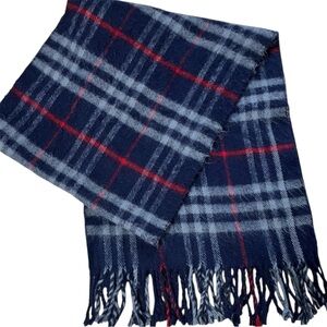Vintage Royal Rossi Plaid 100% Cashmere Women's Scarf - Navy, Gray & Red Fringes